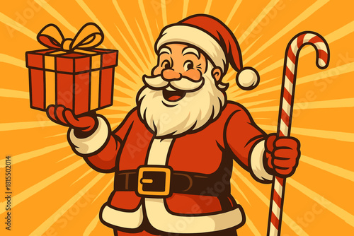 Santa with Gift and Staff. Santa Claus cheerfully holds a brightly wrapped gift in one hand, extending it forward, while gripping a candy cane staff in the other. He is set against