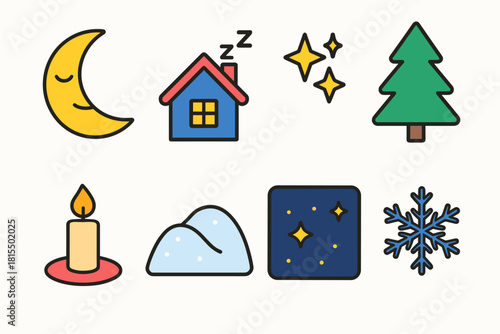 Silent Night Icons. Silent Night flat icons set. crescent moon, sleeping house, twinkling stars, pine tree, candlelight, snowy hill, night sky, gentle snowflake