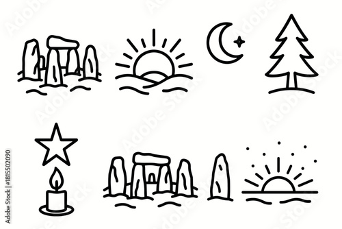Stone Circle Sunrise. Winter Solstice Stone Circle Scene linear icon set. standing stones, sunrise, snow-covered ground, candle flame, moon, pine tree, star, horizon glow