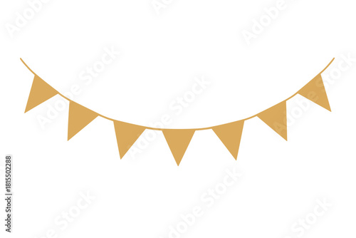 Golden Bunting Celebration. String of golden bunting with triangular flags gently swaying as if caught in a light breeze. The flags are evenly spaced, creating a rhythmic pattern