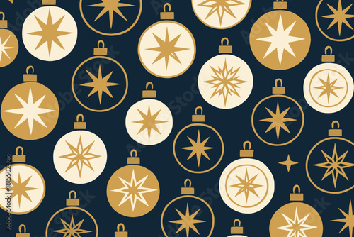 Elegant Christmas Baubles. Decorative pattern featuring a variety of Christmas baubles adorned with geometric star designs. The ornaments are arranged in a symmetrical pattern