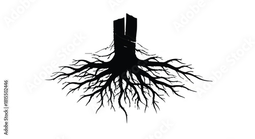 Intricate dark tree roots spread out from a stark silhouette against a clean white background.