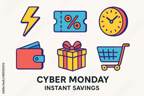 Cyber Monday Icon Set. Cyber Monday Instant Savings flat icons set. lightning streak, voucher card, clock face, wallet, gift ribbon, online cart