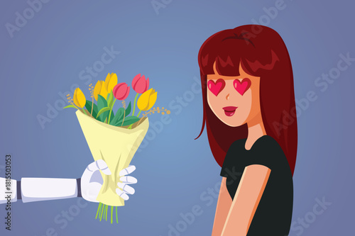 Romantic Relationship with a Sycophantic Ai Chat Bot Vector Cartoon. Delusional girl developing romantic feelings after talking to an ai bot 