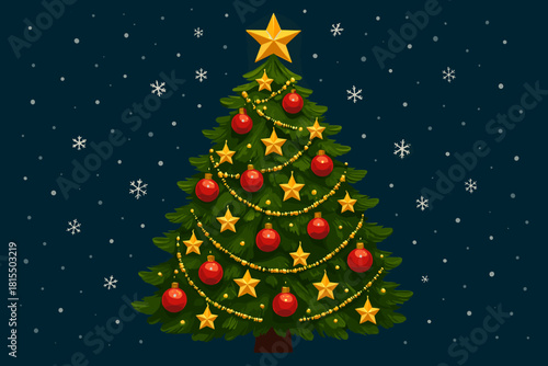 Festive Christmas Tree. Christmas tree decorated with golden stars, red baubles, and shimmering tinsel. The tree stands regally against a dark blue background, with snowflakes