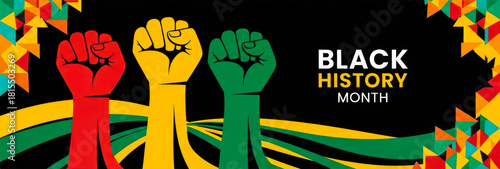 Black history month banner with raised fist silhouette in panafrican colors red yellow and green against