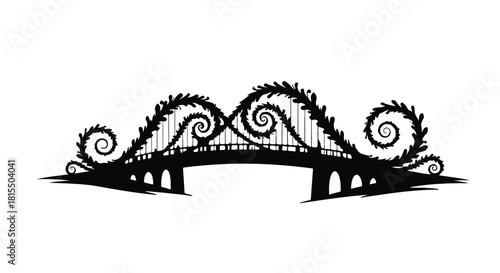 Ornate silhouette of a whimsical bridge with decorative swirling elements.