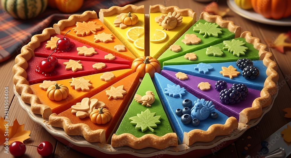 Fototapeta premium Colorful thanksgiving pie with rainbow slices and autumn decorations for a festive holiday dessert
