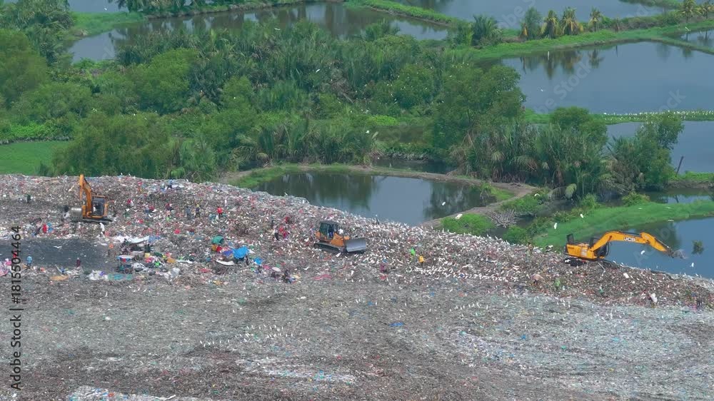 custom made wallpaper toronto digital Aerial footage of a landfill in Medan, showcasing heavy machinery managing and organizing waste efficiently