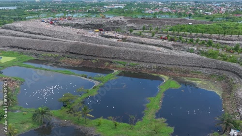  Aerial footage of a landfill in Medan, showcasing heavy machinery managing and organizing waste efficiently