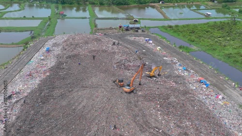  Aerial footage of a landfill in Medan, showcasing heavy machinery managing and organizing waste efficiently