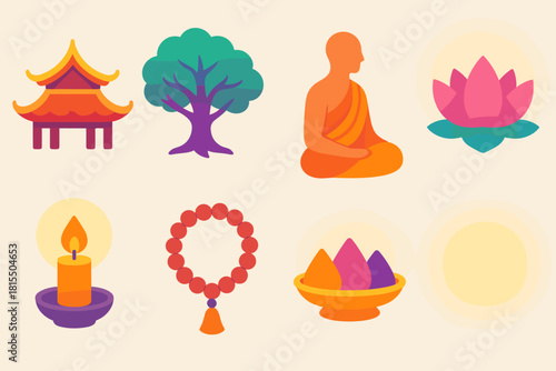 Enlightened Icon Set. Enlightened Path flat icons set. temple roof, Bodhi tree, monk silhouette, lotus, candlelight, prayer beads, offering tray, soft glow