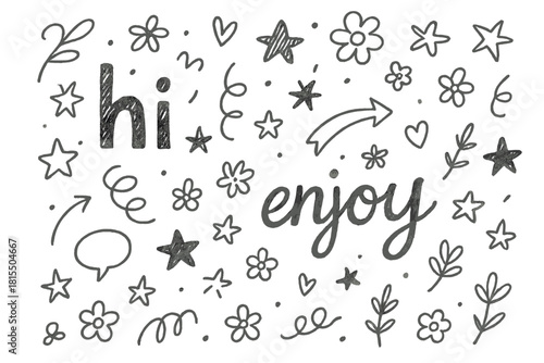 Whimsical Doodle Collection. Charming collection of hand-drawn doodles featuring words like 'hi' and 'enjoy', surrounded by playful motifs such as arrows, stars, and flowers. The