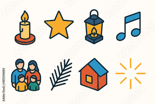Vibrant Posadas Icon Set. Faithful Posadas Gathering flat icons set. candlelight, star, lantern, music note, family group, pine sprig, house, light rays