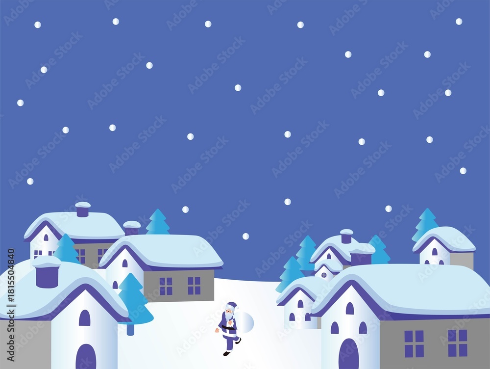 Fototapeta premium Santa Claus in a Snowy Village at Night, Christmas Illustration Background