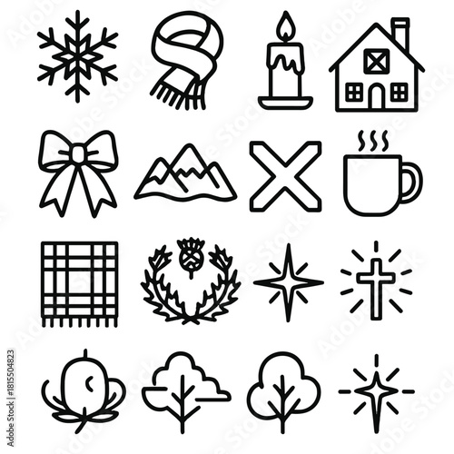 Scottish Winter Icons. Winter Saint Andrew’s Day linear icon set. snowflake, wool scarf, glowing candle, Scottish house, blue ribbon, mountain skyline, cross icon, warm mug, tartan