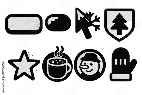 Brutalist Winter Icons Set. Winter Interface Elements silhouette icon set. frosty button, snow-dusted switch, ice crystal cursor, pine tree badge, glowing star icon, hot cocoa