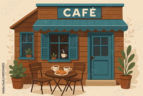Cozy Rustic Café. Cozy café with a rustic wooden exterior and teal accents features a small outdoor seating area. Coffee cups and pastries are arranged on a table, inviting