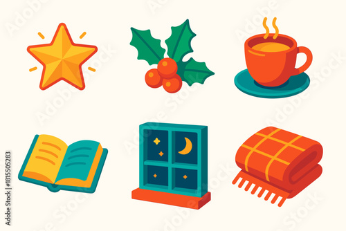 Festive Icon Serenity. Festive Serenity flat icons set. glowing star, holly leaf, cup of tea, open book, window view, warm blanket