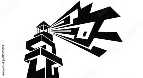 Stylized lighthouse emitting a powerful beam of light, representing guidance and discovery
