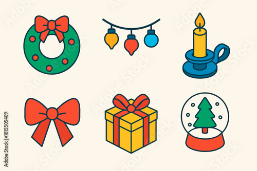 Festive Icon Set. Festive Home flat icons set. wreath, string lights, candle holder, bow, wrapped gift, snow globe