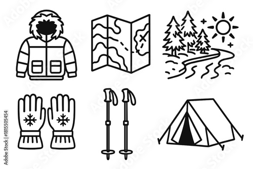 Frozen Expedition Icons. Frozen Expedition linear icon set. thermal gear, snow map, frozen river, frost-covered trees, gloves, walking poles, tent, cold sun