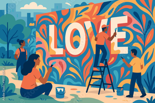 Urban Mural Love. Artistic portrayal of a community mural project where people are painting the word 'LOVE' on a large wall, surrounded by abstract shapes and patterns. Set in an