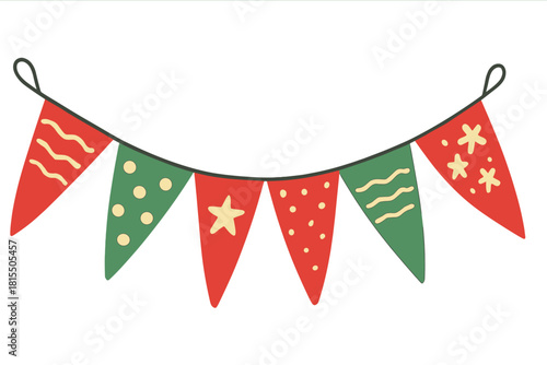 Festive Bunting Vector. String of festive bunting featuring alternating red and green triangular flags with decorative patterns. The flags are slightly curved as if swaying in a