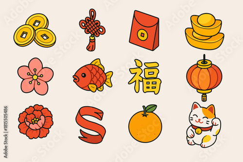 Chinese New Year Icons. Chinese New Year Symbols of Wealth flat icons set. golden coins, fortune knot, red envelope, ingot pile, cherry blossom, lucky fish, calligraphy character