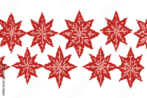 Festive Embroidered Star Border. Cross-stitched stars arranged in a linear pattern, each star uniquely designed with intricate details. The stars are evenly distributed, creating a