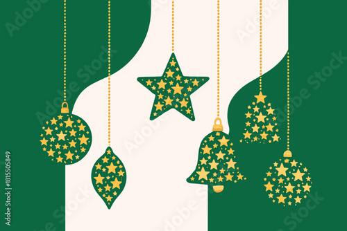 Festive Star Ornaments. Arrangement of festive ornaments formed by stars, each ornament varying in shape and size. These star-studded decorations hang in a staggered formation,