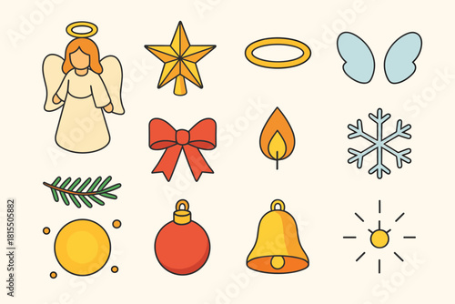 Christmas Angel Icons. Christmas Angel Topper flat icons set. angel figure, tree topper star, halo, wings, ribbon, pine sprig, candle flame, snowflake, golden glow, ornament, bell