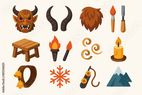 Krampus Mask Icons. Krampus Artisan Masks flat icons set. carved wooden mask, horns, fur texture, paintbrush, chisel, workbench, torch light, pine shavings, candle, bell strap