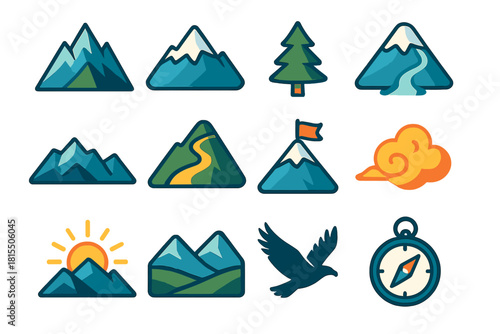 Alpine Icon Set. Alpine Peaks flat icons set. jagged mountain, snowcap, pine tree, glacier stream, rocky ridge, hiking trail, summit flag, cloud swirl, sunrise, valley view, eagle