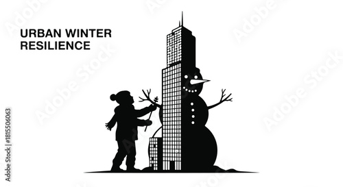 Child builds snowman with city skyscraper, symbolizing urban winter resilience