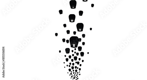 A cascade of black paper lanterns float upwards against a clean white background.
