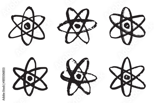 Set of hand drawn atom sign Molecule clipart in doodle style Symbol of science, education, nuclear energy, scientific research, molecular chemistry Single element for print, web, design
