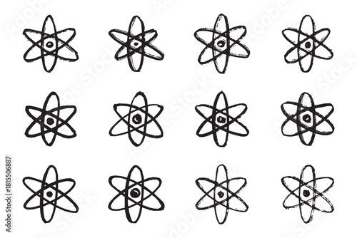 Set of hand drawn atom sign Molecule clipart in doodle style Symbol of science, education, nuclear energy, scientific research, molecular chemistry Single element for print, web, design