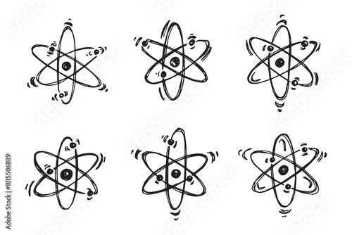 Set of hand drawn atom sign Molecule clipart in doodle style Symbol of science, education, nuclear energy, scientific research, molecular chemistry Single element for print, web, design