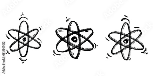 Set of hand drawn atom sign Molecule clipart in doodle style Symbol of science, education, nuclear energy, scientific research, molecular chemistry Single element for print, web, design