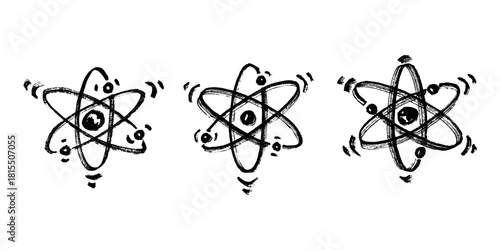 Set of hand drawn atom sign Molecule clipart in doodle style Symbol of science, education, nuclear energy, scientific research, molecular chemistry Single element for print, web, design