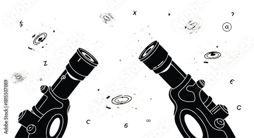 Two telescopes pointed towards a starry sky filled with galaxies and mathematical symbols