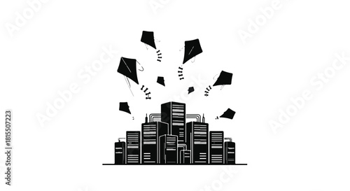 A vibrant collection of black kites soaring joyfully above a stylized cityscape.