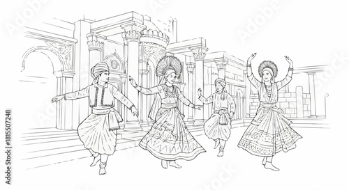 Traditional Indian dancers performing in front of an ancient building, captured in a monochrome style.