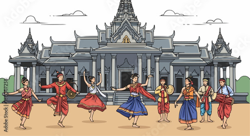 Traditional dancers performing gracefully in front of a majestic building, showcasing vibrant cultural heritage. 