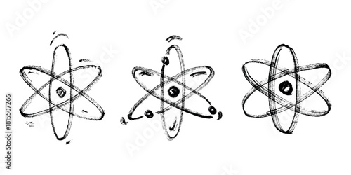 Set of hand drawn atom sign Molecule clipart in doodle style Symbol of science, education, nuclear energy, scientific research, molecular chemistry Single element for print, web, design