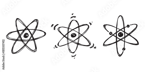 Set of hand drawn atom sign Molecule clipart in doodle style Symbol of science, education, nuclear energy, scientific research, molecular chemistry Single element for print, web, design