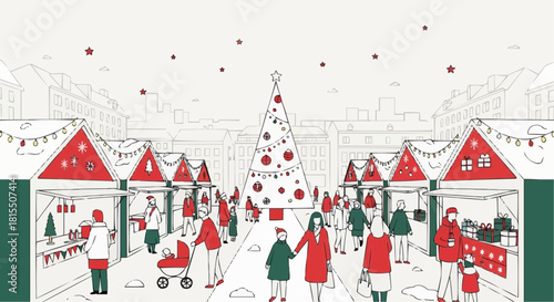 A festive winter market scene bustling with activity during the holiday season.