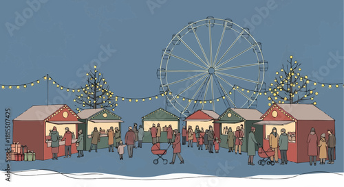 An illustration of a charming winter market with a ferris wheel. The scene evokes a sense of festive cheer and community gathering.