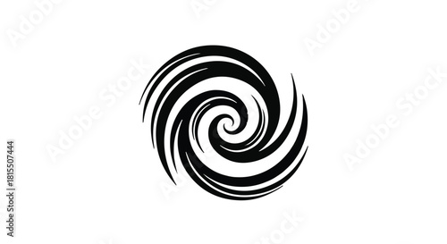 Abstract black swirling vortex on a clean white background, representing energy and motion